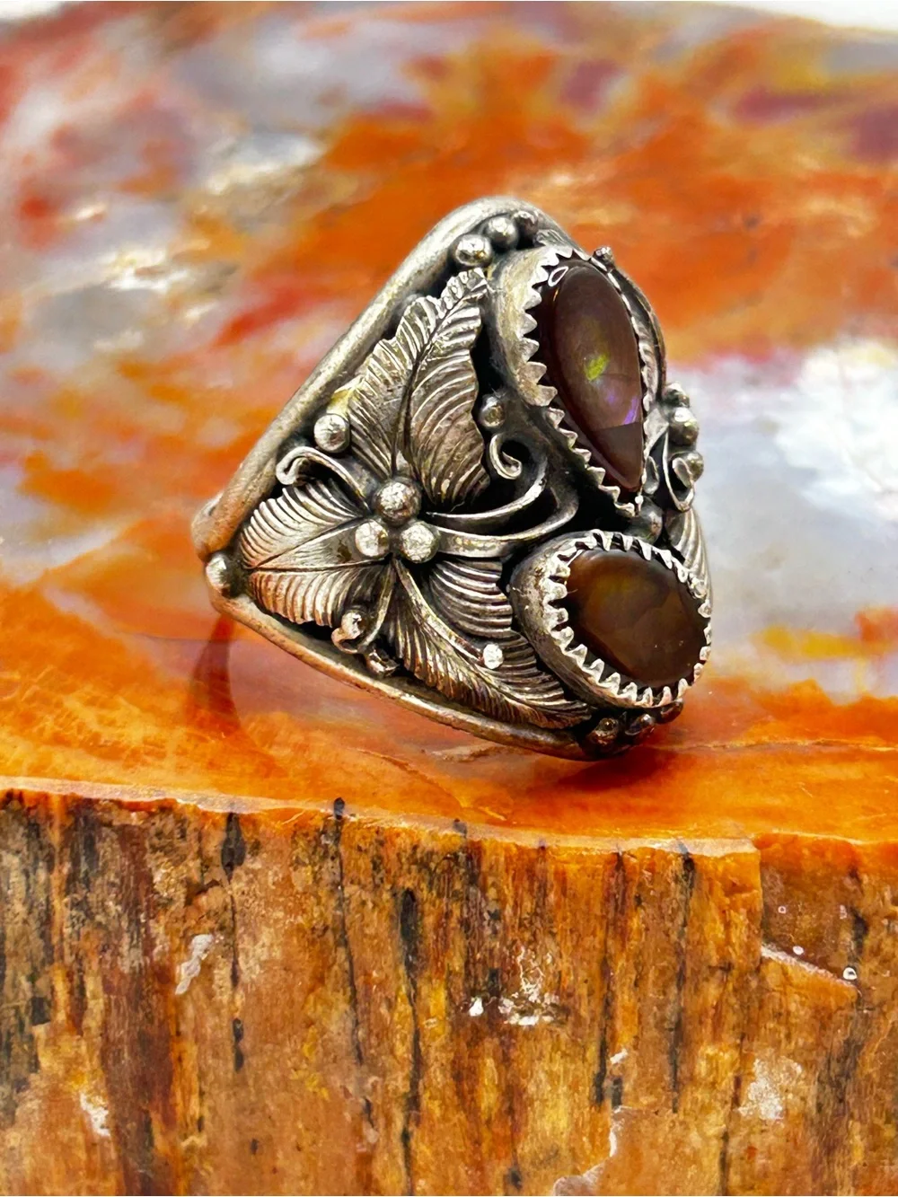 Mens Southwest Sterling Silver Fire Opal Ring - Size 11.5